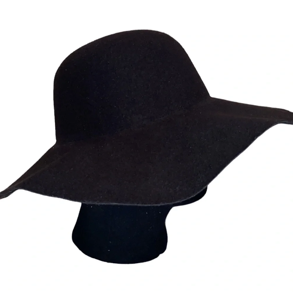 Womens Black Cotton Blend Felt Floppy Wide Brim Hat One Size Fits Most OS